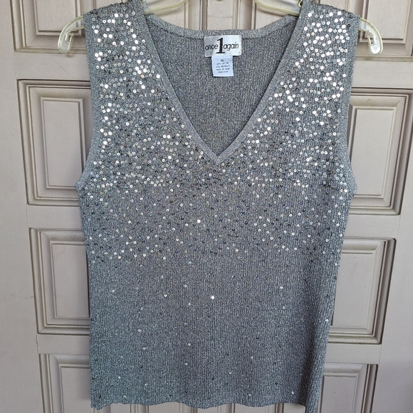 Once Again Silver Sequined Sweater/Vest SzXL Cotton Metallic Sleeveless NWOT - Picture 1 of 8